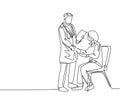 One line drawing of young doctor handshake the patient in hospital to ask her condition. Medical check up concept. Continuous line