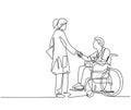 One line drawing of young female doctor visiting and handshaking the patient with wheelchair in hospital. Continuous line drawing Royalty Free Stock Photo