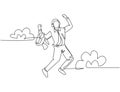 One line drawing of young happy business man carrying a suit jumping over the cloud while listening music. Business success Royalty Free Stock Photo