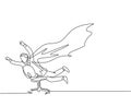 One line drawing of young happy business man spreading a wing and pretend as super hero who flying using an office chair. Business