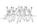 One line drawing of young happy business man and business woman jumping to celebrate their successive team business. Business deal