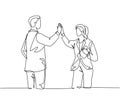 One line drawing of young happy businessman and businesswoman celebrating their successive goal with high five gesture. Business Royalty Free Stock Photo