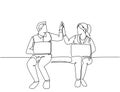 One line drawing of young happy couple business man and business woman opening their laptop and giving high five gestures.