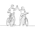 One line drawing of young happy couple male and female take a walk with bicycle at outfield park and giving high five gesture.