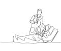 One line drawing of young happy doctor visiting patient who are lying weak on the bed and giving thumbs up gesture. Medical
