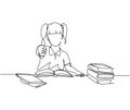 One line drawing of young happy elementary school girl student studying in the library and reading stack of book while gives thumb