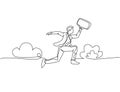 One line drawing of young happy and energetic business man carrying a briefcase jumping over the cloud. Business agility concept. Royalty Free Stock Photo