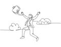 One line drawing of young happy and energetic business man throwing a briefcase jumping over the cloud. Business success Royalty Free Stock Photo