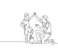 One line drawing of young happy father bow his body to give high five gesture to his boy while playing soccer on football court. Royalty Free Stock Photo