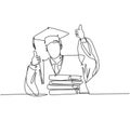 One line drawing of young happy graduate male college student wearing graduation uniform and giving thumbs up gesture in front of