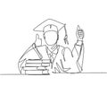 One line drawing of young happy graduate male college student wearing graduation uniform and giving thumbs up gesture in front of
