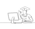 One line drawing of young happy male college student studying in front of computer and gives thumbs up gesture. Graduate student