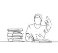 One line drawing of young happy male college student studying and reading stack of books in library while gives thumbs up gesture