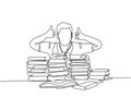 One line drawing of young happy male student giving thumbs up gesture on a pile of books and give thumbs up gesture. Education