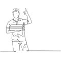 One line drawing of young happy pizza delivery man gives thumbs up gesture before deliver package to customer. Food delivery Royalty Free Stock Photo