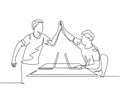 One line drawing of young happy start up founders celebrating their successive goal at the business meeting with high five gesture