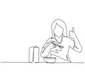 One line drawing of young happy woman eating breakfast with cereal and milk and giving thumbs up. Healthy nutrition food concept. Royalty Free Stock Photo