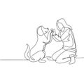 One line drawing of young happy woman squat then giving high five gesture to his dog at outfield park as friendship symbol. Pet