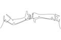 One line drawing of young male arm hands with thumbs up and thumbs down sign gesture. Good and bad symbol concept. Continuous line