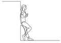 One line drawing of young woman standing thinking