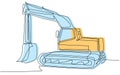 One line excavator with a blue and yellow silhouette on a white background.