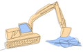 One line excavator with a blue and yellow silhouette on a white background.