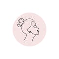 One line face art for avatar, logo, print, sign, beauty or fashion. Women`s face side view with messy bun on pink background.