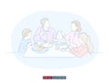 Continuous line drawing of family breakfast. Vector illustration.