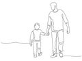 One line father. Dad walking with son. Fatherhood poster with man and child holding hands. Continuous lines happy