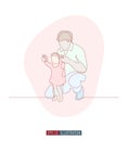 Continuous line drawing of father helps daughter to take her first step. Vector illustration.