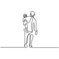 One line father holds the little daughter in his arms design silhouette. Daddy carries the child on his arms. Hand drawn