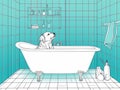 One Line Fineliner Drawing Of Sleeping Dog In Turquoise Bathtub