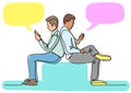 Young men browsing cell phones - single line drawing Royalty Free Stock Photo