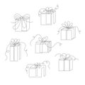 One-line gifts set, hand drawn continuous contours. Doodle, sketch style, minimalism. Holiday present, festive surprise, souvenir