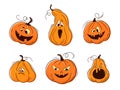 One line hand drawn Halloween emoticon pumpkins set. Jack o Lantern. Funny faces isolated on white. Vector collection of cute