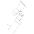 One line hand with megaphone. Person hold loudspeaker in continuous lines style. Symbol of sale, hiring. Event