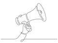 One line hand with megaphone. Person hold loudspeaker in continuous lines style. Symbol of sale, hiring or event announcement