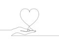 Continuous one line drawing of hand holding heart on palm. Vector