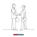 Continuous line drawing of businessmens handshake. Vector illustration.