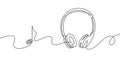 One line headphones. Continuous drawing of music gadget and note. Audio headphone outline sketch. Lineart vector concept