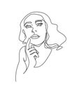 One line illustration of woman have a question. Beautiful woman thinking or making decision and looks up. Royalty Free Stock Photo