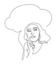 One line illustration of woman have a question. Beautiful woman thinking or making decision and looks up. Speech bubble Royalty Free Stock Photo