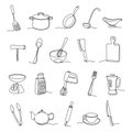 One line kitchen tools. Minimalistic cooking equipment continued lines, chefs utensil and culinary gear vector set