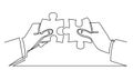 Continuous line drawing of businessman hands connecting puzzle pieces together Royalty Free Stock Photo