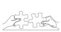 Continuous line drawing of two hands with puzzle pieces connecting together Royalty Free Stock Photo