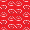 One line lips connection pattern. Seamless white contour of lips on a red background. Royalty Free Stock Photo