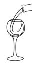 One line liquid is poured into a glass from bottle. Continuous line wineglass. Vector