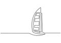 One line of Luxury seven stars hotel in Dubai. Burj Al Arab Jumeirah resort hotel on white background. continuous one line drawing
