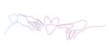 One line male and female hand are drawn to the heart design silhouette. Valentine`s Day. Love. Romance. Hand drawn minimalism styl