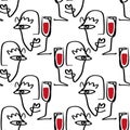 One line minimalistic brush grunge abstract face with wine glass seamless pattern. Vector illustration. Modern